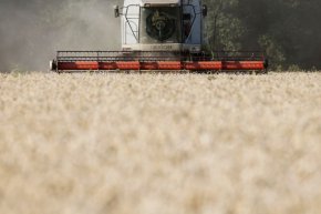 Работник управлява комбайн, докато прибира пшеницата в полето край село Хребени в Киевска област, Украйна, 17 юли 2020 г. REUTERS/Валентин Огиренко/Снимка отблизо